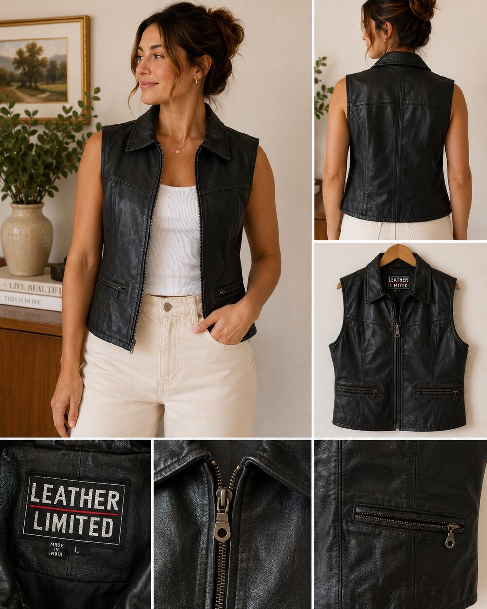 Vintage Black Leather Vest | Zip Front Moto Vest L ✨